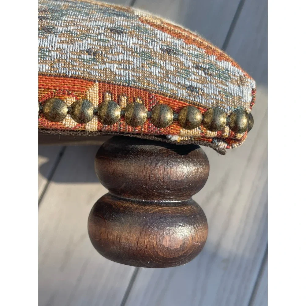 Vtg Wooden Footstool Paris Tapestry Fabric Cottagecore Décor Ottoman Button Legs